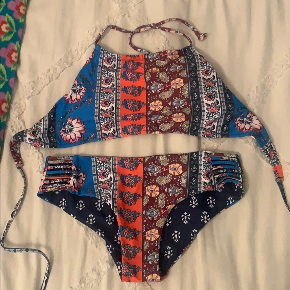 Reversible halter bikini top and bottom